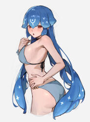 Rule 34 | 1girl, absurdres, ass, bao (vtuber), bare shoulders, bikini, blue bikini, blue hair, breasts, brown eyes, cleavage, hand on own hip, highres, indie virtual youtuber, large breasts, long hair, looking at viewer, low twintails, open mouth, sidelocks, sketch, sooon, swimsuit, thighs, twintails, virtual youtuber, white background