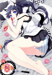 Rule 34 | 1girl, animal ears, ass, bad id, bad pixiv id, barefoot, bed, black hair, blue eyes, flower, inaba seiko, long hair, lying, panties, pantyshot, petals, pillow, solo, striped clothes, striped panties, tail, underwear