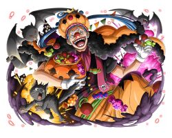 Rule 34 | 1boy, animal, black cat, blue hair, buggy the clown, candy, cat, food, gloves, halloween, halloween costume, long hair, official art, one piece, one piece treasure cruise, open mouth, teeth, white gloves