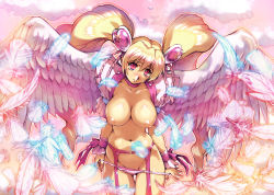 Rule 34 | 00s, 1girl, blonde hair, bow, breasts, cure angel, cure peach, cure peach (angel), feathers, fresh precure!, garter belt, hair ornament, heart, heart hair ornament, hisahiko, magical girl, momozono love, panties, panty pull, pink bow, pink eyes, precure, pussy, solo, twintails, uncensored, underwear, wings, wrist cuffs