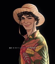 Rule 34 | 1boy, alternate costume, artist name, black background, black hair, closed mouth, commentary, curly hair, hat, male focus, mole, mole on cheek, monkey d. luffy, one eye closed, one piece, one piece (live action), romy jones (romyjonesdraws), short hair, simple background, smile, solo, straw hat