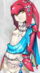 Rule 34 | 1girl, breasts, colored skin, fins, fish girl, hair ornament, hashi, highres, jewelry, lips, looking at viewer, mipha, monster girl, multicolored skin, nintendo, red skin, small breasts, solo, the legend of zelda, the legend of zelda: breath of the wild, white skin, yellow eyes, zora