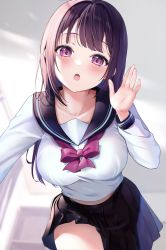 Rule 34 | 1girl, :o, arm up, black sailor collar, black skirt, blunt bangs, blurry, blurry background, blush, breasts, brown hair, collarbone, commentary request, highres, large breasts, long hair, long sleeves, looking at viewer, mizukanayuki, open mouth, original, palms, pleated skirt, purple eyes, sailor collar, school uniform, shirt, sidelocks, skirt, solo, teeth, upper teeth only, white shirt