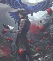 Rule 34 | 1boy, absurdres, arm tattoo, beak, bird, black eyes, black hair, black legwear, book, bracelet, cane, closed mouth, devil may cry (series), devil may cry 5, flower, flying, glowing, griffon (devil may cry 5), highres, holding, holding book, holding cane, jewelry, leaf, male focus, open book, petals, qingxingzhen, reading, red flower, rose, standing, tattoo, v (devil may cry), wings, yellow eyes
