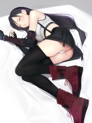 Rule 34 | 1girl, ama mitsuki, ass, bare shoulders, black gloves, black hair, black skirt, black thighhighs, boots, breasts, closed eyes, crop top, elbow gloves, final fantasy, final fantasy vii, fingerless gloves, gauntlets, gloves, highres, long hair, low-tied long hair, lying, midriff, miniskirt, on side, panties, pantyshot, parted lips, red footwear, shirt, skirt, sleeveless, sleeveless shirt, solo, square enix, suspenders, thighhighs, thighs, tifa lockhart, underwear, white panties, white shirt