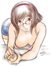 Rule 34 | 10s, 1girl, bare shoulders, beargguy iii, bent over, blush, breasts, brown eyes, brown hair, denim, denim shorts, downblouse, glasses, gundam, gundam build fighters, hairband, kousaka china, nipples, parted lips, shinobu (tyno), short hair, shorts, simple background, sketch, solo, thighhighs, white background, white thighhighs