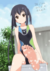Rule 34 | 1girl, 2011, barefoot, black hair, brown eyes, competition swimsuit, dated, day, errant, feet, k-on!, long hair, nakano azusa, one-piece swimsuit, foot focus, sitting, soles, solo, swimsuit, toes, twintails