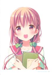 Rule 34 | 1girl, absurdres, artist name, blush, book, brown eyes, brown hair, closed book, collarbone, eyes visible through hair, hair ornament, hair scrunchie, highres, hinako note, holding, holding book, long hair, looking at viewer, march-bunny, open mouth, page number, school uniform, scrunchie, serafuku, shirt, short sleeves, simple background, smile, solo, twintails, upper body, white background, white shirt