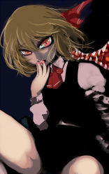 Rule 34 | 1girl, ascot, black vest, blonde hair, commentary request, dress, fangs, ginji (sakaki summer), hair ribbon, hand to own mouth, long sleeves, looking at viewer, red eyes, ribbon, rumia, sharp teeth, short hair, solo, teeth, thighs, tongue, touhou, vest