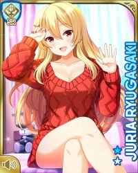 Rule 34 | 1girl, bare legs, barefoot, bed, bedroom, blonde hair, bottomless, breasts, card (medium), character name, cleavage, crossed legs, girlfriend (kari), hair ornament, indoors, official art, open mouth, qp:flapper, red eyes, red sweater, ryugasaki juria, sitting, smile, sweater, tagme, x hair ornament