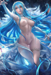 Rule 34 | 1girl, absurdres, arm up, armpits, artist name, azura (fire emblem), blue hair, breasts, curvy, dancer, fire emblem, fire emblem fates, highres, long hair, medium breasts, nail polish, navel, nintendo, nipples, nude, parted lips, pussy, sakimichan, single thighhigh, solo, thighhighs, uncensored, very long hair, water, watermark, web address, wide hips, yellow eyes
