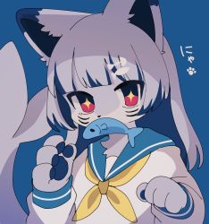 Rule 34 | + +, 1girl, animal ears, animal hands, animal nose, blue background, blue hair, blue sailor collar, blunt bangs, body fur, cat ears, cat girl, colored inner hair, facial mark, female focus, fins, fish, fish bone, fish hair ornament, fish tail, flat chest, furry, furry female, grey fur, grey hair, hair ornament, hairclip, hands up, highres, japanese text, jpeg artifacts, long hair, looking at viewer, meg (115meg), mouth hold, multicolored hair, neckerchief, original, paw print, pawpads, red eyes, sailor collar, school uniform, serafuku, shark girl, shark tail, sidelocks, simple background, sketch, solo, streaked hair, tail, translated, two-tone fur, two-tone hair, upper body, white fur, yellow neckerchief