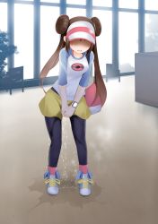 Rule 34 | 1girl, bag, between legs, black pantyhose, blue footwear, blue sleeves, blush, bra, bra strap, breasts, brown hair, bush, chair, creatures (company), crying, day, desk, double bun, embarrassed, faceless, faceless female, female focus, full body, game freak, gokiburi no dashi, hair bun, hair tie, hand between legs, hat, have to pee, highres, indoors, long hair, medium breasts, nintendo, open mouth, own hands together, pantyhose, peeing, peeing self, pink bra, pink hat, pink socks, poke ball symbol, poke ball theme, pokemon, pokemon bw2, puddle, raglan sleeves, rosa (pokemon), shirt, shoes, short shorts, shorts, socks, solo, standing, steam, sweat, tears, twintails, underwear, v arms, visor cap, watch, wet, wet clothes, white shirt, window, wristwatch, yellow shorts