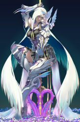 Rule 34 | 1girl, armor, blush, brynhildr (fate), fate/grand order, fate/prototype, fate/prototype: fragments of blue and silver, fate (series), highres, holding, holding spear, holding weapon, jikeshi, long hair, polearm, purple eyes, silver hair, solo, spear, thighhighs, very long hair, weapon