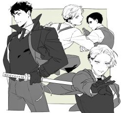Rule 34 | 4boys, closed mouth, collared shirt, commentary request, expressionless, gamou jirou, gloves, greyscale with colored background, gun, handgun, holding, holding gun, holding sword, holding weapon, jacket, joker game, katana, light smile, long sleeves, looking ahead, looking at viewer, male focus, miyoshi (joker game), multiple boys, necktie, open clothes, open jacket, outside border, outstretched arm, pants, parted lips, profile, reaching, reaching towards viewer, sakuma (joker game), scabbard, sheath, sheathed, shi646, shirt, short hair, simple background, suspenders, swept bangs, sword, tazaki (joker game), unfinished, weapon, yellow background