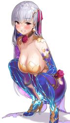 Rule 34 | 1girl, armlet, armor, bikini armor, blush, breasts, circlet, cleavage, collar, collarbone, commission, earrings, fate/grand order, fate (series), gradient hair, grin, hair ribbon, high heels, highres, jewelry, kama (fate), kama (third ascension) (fate), kanzarin, large breasts, legs, long hair, looking at viewer, metal collar, multicolored hair, pink ribbon, pixiv commission, red eyes, ribbon, shadow, silver hair, simple background, smile, squatting, sweat, thighlet, white background