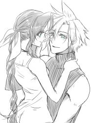 Rule 34 | 1boy, 1girl, aerith gainsborough, bare arms, bare shoulders, blue eyes, braid, braided ponytail, breasts, closed mouth, cloud strife, couple, dress, earrings, final fantasy, final fantasy vii, final fantasy vii remake, green eyes, hair between eyes, hair ribbon, hand on another&#039;s shoulder, hetero, highres, jewelry, light blush, long hair, looking at another, medium breasts, parted lips, ribbon, short hair, single braid, single earring, sleeveless, sleeveless dress, sleeveless turtleneck, smile, spaghetti strap, spiked hair, spot color, tokiokiyu, turtleneck, upper body, white background