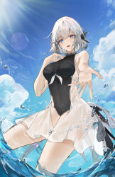 Rule 34 | 1girl, absurdres, bare arms, bare shoulders, black one-piece swimsuit, blue eyes, cloud, flantia, gradient eyes, grey hair, hair ornament, highres, liv: luminance (puella subnautica) (punishing: gray raven), liv: luminance (punishing: gray raven), liv (punishing: gray raven), looking at viewer, medium hair, multicolored eyes, ocean, one-piece swimsuit, open mouth, punishing: gray raven, purple eyes, see-through swimsuit, sidelocks, sky, solo, swimsuit, teeth, upper teeth only