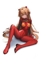 Rule 34 | 1girl, blue eyes, bodysuit, breasts, brown hair, closed mouth, full body, gyunzai, hairpods, highres, long hair, medium breasts, neon genesis evangelion, plugsuit, red bodysuit, simple background, sitting, skin tight, solo, souryuu asuka langley, spread legs, thighs, very long hair, white background