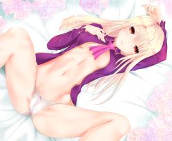 Rule 34 | 1girl, arm up, bed sheet, bilibala, breasts, cleavage, collared shirt, dress shirt, covered erect nipples, fate/stay night, fate (series), flower, hair between eyes, illyasviel von einzbern, long hair, long sleeves, looking at viewer, lying, medium breasts, navel, on back, on bed, open clothes, open shirt, panties, parted lips, patreon logo, pink flower, pink neckwear, purple shirt, red eyes, shirt, silver hair, solo, underwear, watermark, web address, white panties, wing collar