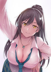 Rule 34 | 1girl, arm up, black hair, bra, bra visible through clothes, breasts, cleavage, dog tags, hair between eyes, hand on own hip, idolmaster, idolmaster shiny colors, inue shinsuke, large breasts, long hair, looking at viewer, necktie, plaid, plaid skirt, pleated skirt, ponytail, reaching, reaching towards viewer, school uniform, see-through, shirase sakuya, simple background, skirt, smile, solo, underwear, white background, yellow eyes