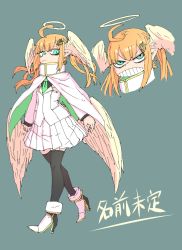 Rule 34 | 1girl, ahoge, angel, angel wings, angry, annoyed, aoi hada no ten&#039;in to shiawasena tomodachi, aqua eyes, black shirt, blazer, clenched teeth, coat, expressionless, feathered wings, flat chest, formal, green neckwear, hair ornament, halo, head wings, high heels, highres, jacket, long sleeves, orange hair, pointy ears, shirt, skirt, teeth, thighhighs, white coat, white jacket, white skirt, wings, zyugoya