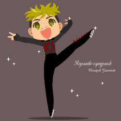 Rule 34 | 1boy, :d, blonde hair, bodysuit, character name, christophe giacometti, facial hair, green eyes, heart, heart-shaped pupils, highres, ice skates, kaorin minogue, male focus, open mouth, skates, smile, spanish text, sparkle, standing, standing on one leg, symbol-shaped pupils, yuri!!! on ice