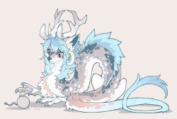 Rule 34 | animal ear fluff, animal ears, animal focus, antlers, artist name, blue hair, body fur, brown background, claws, commentary, creature, crescent, crescent earrings, dragon, earrings, eastern dragon, expressionless, from side, full body, highres, horns, jewelry, medium hair, no humans, orange eyes, original, pawpads, shuini xiaomao, signature, simple background, solo, symbol-only commentary, tail, white fur, yarn, yarn ball
