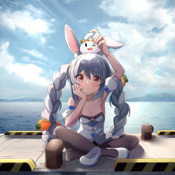 Rule 34 | 1girl, absurdres, ame., animal ear fluff, animal ears, arm up, armpits, bare shoulders, black leotard, black pantyhose, blue hair, blue sky, blush, bow, braid, breasts, carrot hair ornament, cleavage, closed mouth, cloud, cloudy sky, collarbone, commentary request, crossed legs, day, detached sleeves, dress, food-themed hair ornament, full body, hair between eyes, hair bow, hair ornament, highres, hololive, leotard, looking at viewer, multicolored hair, on head, outdoors, pantyhose, pekomon (usada pekora), pier, puffy short sleeves, puffy sleeves, rabbit ears, red eyes, shoes, unworn shoes, short eyebrows, short sleeves, sitting, sky, small breasts, strapless, strapless dress, strapless leotard, thick eyebrows, twin braids, twintails, two-tone hair, usada pekora, usada pekora (1st costume), virtual youtuber, water, white bow, white dress, white footwear, white hair, white sleeves