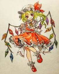 Rule 34 | 1girl, blonde hair, crystal, flandre scarlet, full body, hat, hat ribbon, heart, heart hands, key747h, looking at viewer, mob cap, one-hour drawing challenge, one side up, open mouth, red eyes, red footwear, red ribbon, red skirt, red vest, ribbon, shirt, short sleeves, skirt, socks, solo, touhou, traditional media, vest, white hat, white shirt, white socks, wings