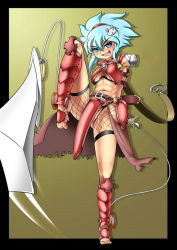 Rule 34 | 1girl, amputee, aqua eyes, aqua hair, armor, barefoot, bikini armor, black border, blue eyes, blue hair, border, breasts, character request, cleft of venus, crotch plate, double amputee, futanari, gradient background, green eyes, green hair, hairband, huge penis, leg up, matching hair/eyes, medium breasts, midriff, no arms, no bra, no panties, outside border, penis, sirat111, solo, standing, standing on one leg, toes, uncensored, weapon