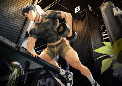 Rule 34 | 1boy, absurdres, bara, black hair, black shirt, blue eyes, bottle, bulge, closed mouth, covered abs, dumbbell, exercising, from below, green shorts, highres, holding, jewelry, large pectorals, male focus, muscular, muscular male, nanyu1998, necklace, original, pectorals, shirt, short hair, shorts, solo, thick thighs, thighs, water bottle, weightlifting