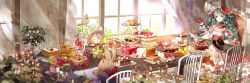 Rule 34 | 1girl, apple, armchair, banana, bird, bonnet, bow, bread, cake, chair, corset, cup, curtains, dress, flower, food, fruit, grapes, green eyes, green hair, hat, hatsune miku, highres, indoors, jar, juliet sleeves, loaf of bread, long hair, long image, long sleeves, looking at viewer, pancake, pie, puffy sleeves, rabbit, red upholstery, ringlets, rose, sheer curtains, sitting, smile, strawberry, susu, table, tea, teacup, tiered serving stand, tiered tray, top hat, umbrella, vase, vocaloid, wide image, window
