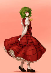 Rule 34 | 1girl, arms behind back, ascot, bad id, bad pixiv id, female focus, full body, gradient background, green hair, kazami yuuka, loafers, looking back, pink background, plaid, plaid skirt, plaid vest, red eyes, shibasaki shouji, shoes, short hair, simple background, skirt, skirt set, smile, solo, standing, touhou, vest