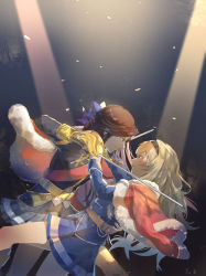 Rule 34 | 10s, 2girls, absurdres, belt, blonde hair, blue bow, bow, brown hair, cape, closed mouth, eye contact, hair bow, hairband, hand on another&#039;s back, highres, holding, holding sword, holding weapon, long hair, looking at another, ludou maomao, multiple girls, purple eyes, red eyes, saber (weapon), saijou claudine, shoujo kageki revue starlight, skirt, smile, sword, tagme, tendou maya, uniform, weapon, yuri