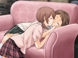 Rule 34 | 2girls, aihara miki, couch, closed eyes, game cg, holding hands, kiss, liar-soft, maki seina, multiple girls, okujou no yurirei-san, school uniform, yuri