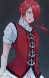 Rule 34 | 1boy, adol christin, commentary request, grey background, grey eyes, hair over one eye, highres, long hair, male focus, open mouth, oshushi k5, red hair, saliva, sexually suggestive, solo, sweat, ys, ys ix monstrum nox