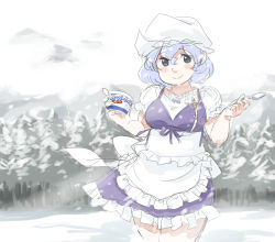 Rule 34 | 1girl, adapted costume, alternate costume, blush stickers, breasts, female focus, food, forest, hat, ice cream, letty whiterock, medium breasts, mitsumoto jouji, nature, plump, purple hair, short hair, sketch, smile, snow, solo, spoon, touhou, winter