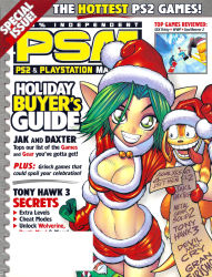 Rule 34 | belly, breasts, christmas, cleavage, cover, crop top, daxter, green eyes, green hair, hat, highres, jak and daxter, keira hagai, list, magazine (object), magazine cover, midriff, naughty dog, navel, pointy ears, psm, sack, santa costume, santa hat, short shorts, shorts, smile, teeth, tongue, tongue out
