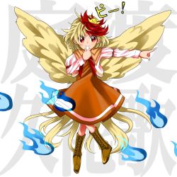 Rule 34 | 1girl, animal, animal on head, bird, bird on head, bird tail, bird wings, blonde hair, boots, brown footwear, chick, commentary request, cross-laced footwear, dress, feathered wings, highres, keiki8296, multicolored hair, niwatari kutaka, on head, orange dress, pointing, pointing to the side, red hair, shirt, tail, touhou, translation request, two-tone hair, whistle, white shirt, wings, yellow wings