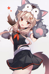 Rule 34 | 1girl, :d, absurdres, animal hood, black serafuku, black shirt, black skirt, blonde hair, commentary, fangs, fathom, hair flaps, halloween, halloween costume, hands up, highres, hood, kantai collection, long hair, looking at viewer, low twintails, neckerchief, open mouth, orange neckerchief, pleated skirt, red eyes, school uniform, serafuku, shirt, short sleeves, skin fangs, skirt, smile, solo, tail, thighs, twintails, wolf hood, wolf paws, wolf tail, yuudachi (kancolle)