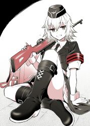 Rule 34 | 1girl, absurdres, armband, bag, blackheart, boots, canteen, commentary request, commission, crossed bangs, crossed legs, full body, garrison cap, girls&#039; frontline, grin, gun, hair between eyes, hair ornament, hairclip, hat, high heel boots, high heels, highres, holding, holding gun, holding weapon, jacket, jitome, knee boots, looking at viewer, medium hair, messenger bag, military hat, military uniform, miniskirt, mp41, mp41 (girls&#039; frontline), necktie, no socks, on ground, over shoulder, partially colored, pixiv commission, red armband, shirt, short sleeves, shoulder bag, simple background, sitting, skirt, smile, solo, submachine gun, thigh strap, uniform, weapon, weapon over shoulder, wrist cuffs