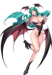 Rule 34 | 1girl, absurdres, bat wings, boots, breasts, cian yo, curvy, green eyes, green hair, groin, head wings, high heel boots, high heels, highres, huge breasts, leotard, low wings, morrigan aensland, revealing clothes, simple background, vampire (game), white background, wings