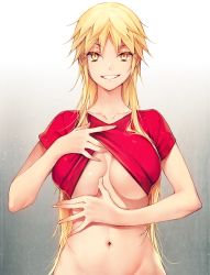 Rule 34 | 1girl, bare arms, blonde hair, breasts, clothes lift, collarbone, deep skin, fingernails, genderswap, genderswap (mtf), gradient background, grin, groin, hair over breasts, izumi kouhei, large breasts, lifting own clothes, long hair, navel, no bra, pepper fever, red shirt, shirt, shirt lift, short sleeves, smile, solo, t-shirt, upper body, world trigger, yellow eyes