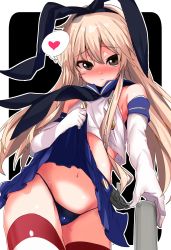Rule 34 | 10s, 1girl, absurdres, bad id, bad twitter id, blonde hair, blue panties, blue skirt, blush, brown eyes, buttons, clothes lift, cowboy shot, crop top, elbow gloves, gloves, hair ribbon, hairband, heart, highleg, highleg panties, highres, kantai collection, lifted by self, long hair, looking at viewer, miniskirt, navel, neckerchief, panties, pleated skirt, ribbon, sailor collar, shimakaze (kancolle), skirt, skirt lift, solo, spoken heart, striped clothes, striped thighhighs, thighhighs, underwear, white gloves, zuwatake