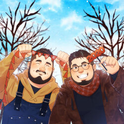 Rule 34 | 2020, 2boys, ^ ^, bara, bare tree, beard, belly, blush, brown hair, closed eyes, couple, daisukebear, facial hair, fat, fat man, glasses, hands up, happy, highres, hood, hoodie, jacket, large pectorals, male focus, mature male, multiple boys, muscular, muscular male, mustache, new year, open clothes, open jacket, original, overalls, pectorals, red scarf, scarf, short hair, tree, undercut, upper body, winter clothes, yaoi, yellow hoodie