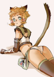Rule 34 | 00s, 1girl, animal ears, ass, bad id, bad pixiv id, black thighhighs, blonde hair, blue eyes, branch (blackrabbits), final fantasy, final fantasy xi, gloves, looking back, lying, mithra (ff11), on stomach, simple background, tail, thighhighs