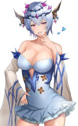 Rule 34 | 1girl, aqua (popogori), bare shoulders, blue dress, blue hair, blush, breasts, cleavage, collarbone, dress, granblue fantasy, hair between eyes, heart, large breasts, looking at viewer, macula marius, nail polish, pink eyes, short hair, simple background, smile, solo, thighs, tiara, white background, wide sleeves