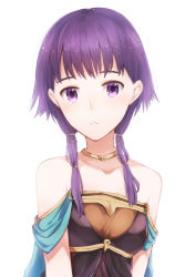 Rule 34 | 1girl, bare shoulders, blunt bangs, choker, collarbone, fire emblem, fire emblem: the sacred stones, highres, long hair, looking at viewer, low twintails, lute (fire emblem), nintendo, parted lips, purple eyes, purple hair, simple background, solo, tanaka arumi, twintails, upper body, white background