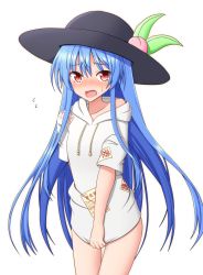 Rule 34 | 1girl, alternate costume, arm behind back, black hat, blue hair, blush, clothes pull, commentary request, cowboy shot, debt, drawstring, embarrassed, flying sweatdrops, food, fruit, hair between eyes, hat, highres, hinanawi tenshi, hood, hood down, hoodie, leaf, long hair, looking at viewer, no pants, off shoulder, open mouth, peach, red eyes, short sleeves, simple background, solo, standing, sweatdrop, teoi (good chaos), touhou, very long hair, white background, white hoodie